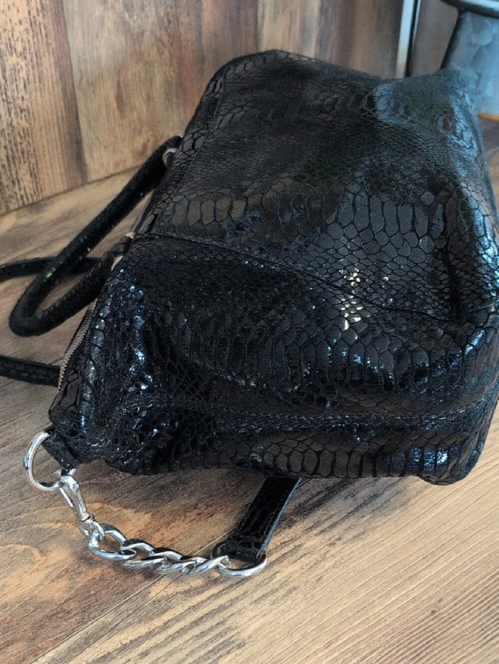 Michael Kors Glossy Snake-Embossed Python Satchel with MK Medallion M478
